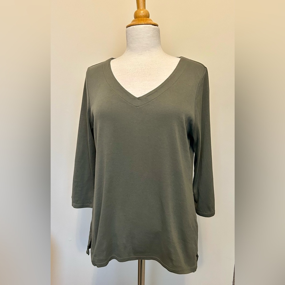 J.Jill 100% Pima Cotton 3/4 Sleeve V-Neck Shirt - Greyish Olive Green Sz M
